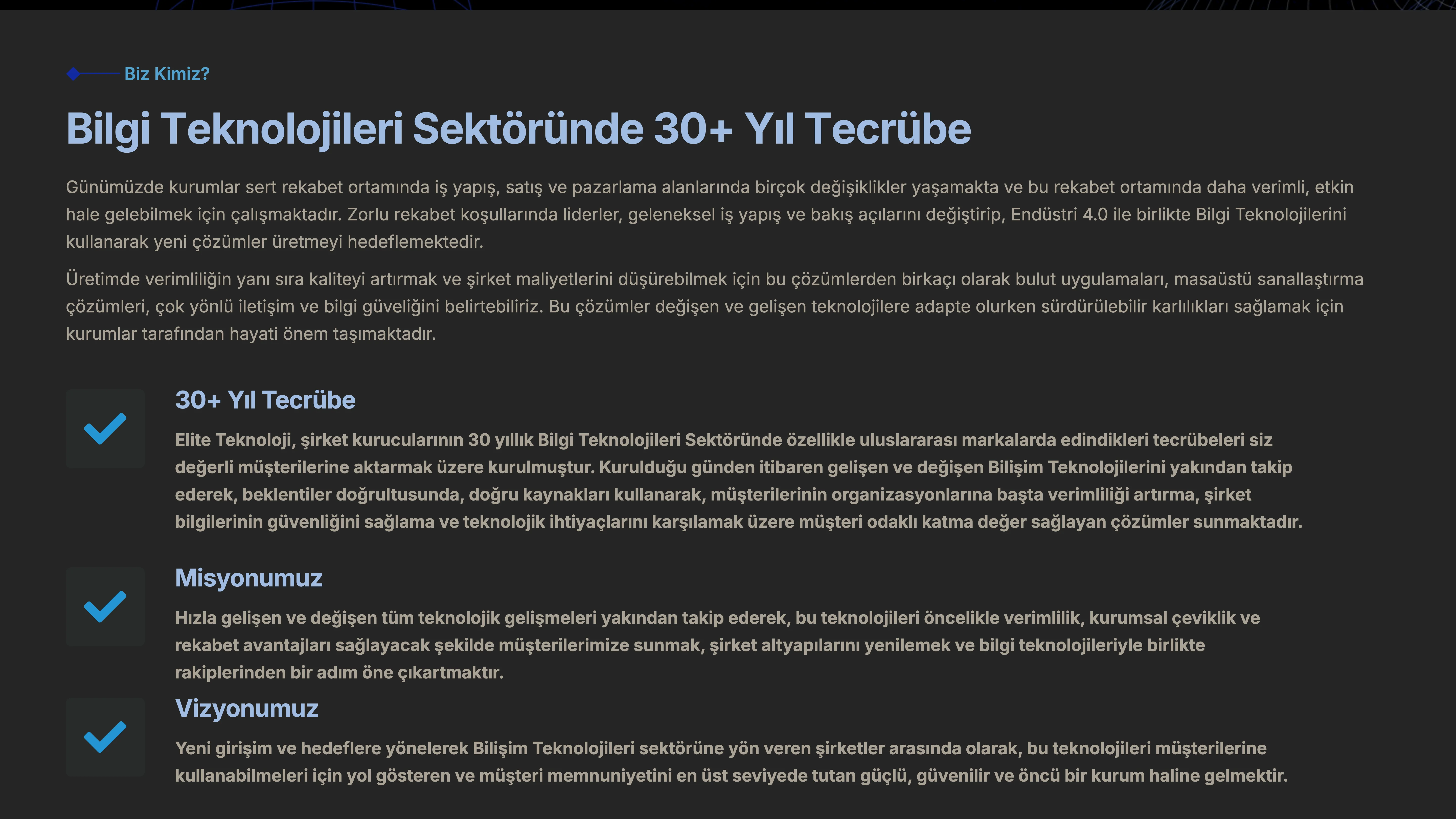Kurumsal sayfası — şirket bilgileri ve 30+ yıl tecrübe
