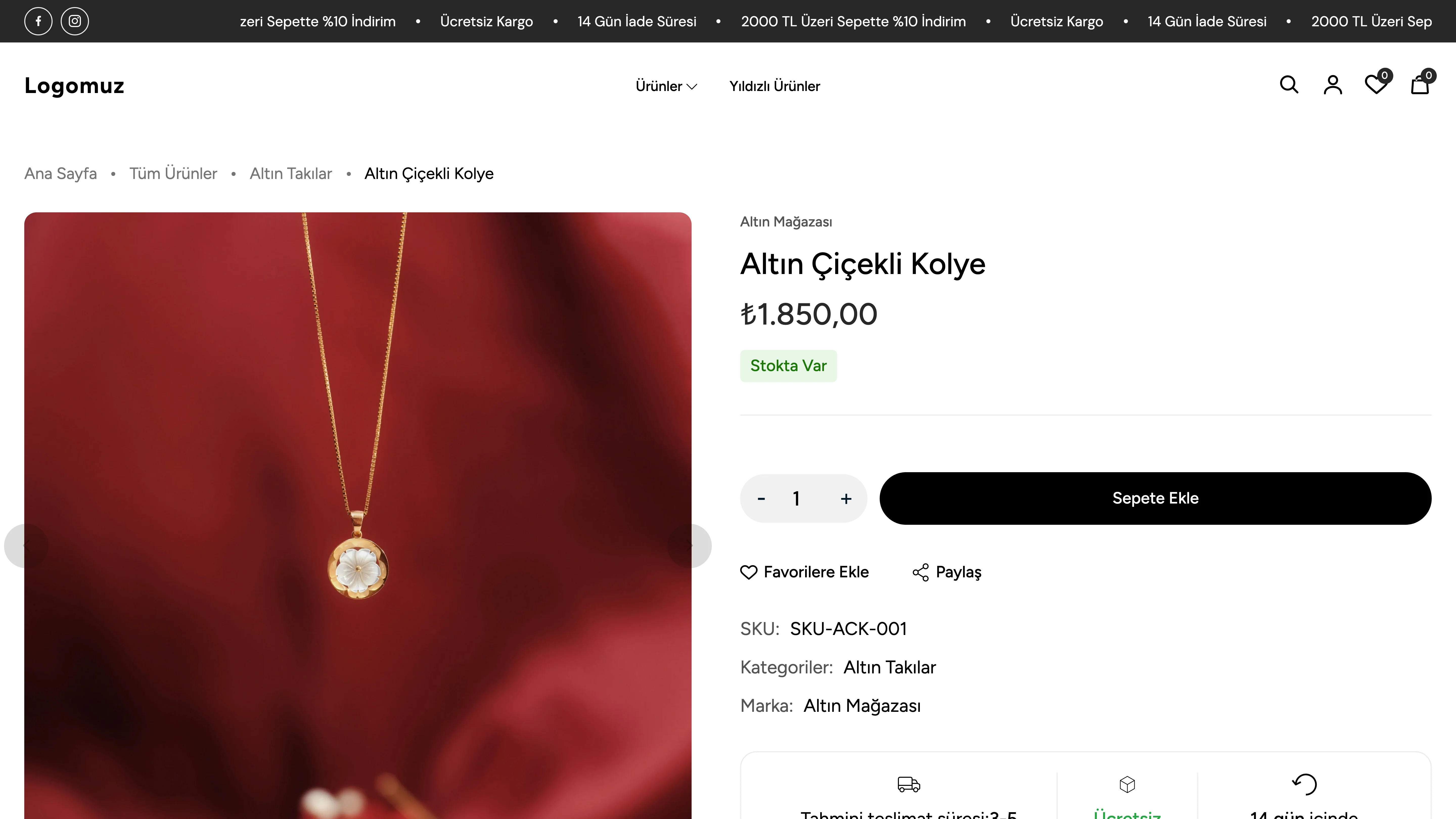Ürün detay sayfası — fiyat, stok, sepete ekle, varyantlar